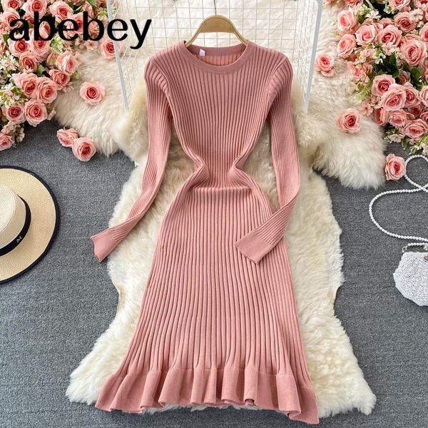 

casual dresses 2021 spring autumn temperament o-neck long sleeve knitted dress ruffles high waist elastic mid-length fishtail, Black;gray