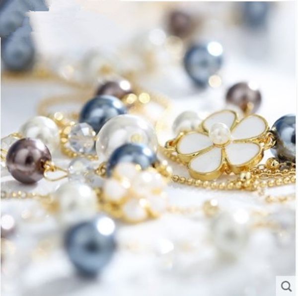 

sweater chain c necklace women pearl crystal long string, Black