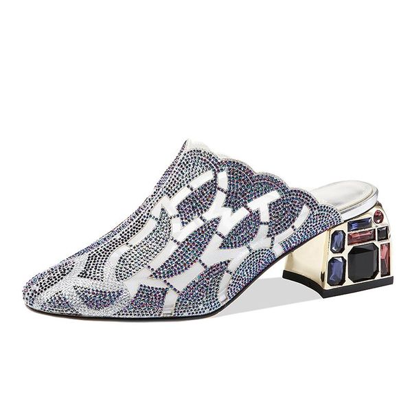 

glitter crystal square toe women mules genuine leather high heels pumps spring summer wedding office lady shoes woman slippers, Black
