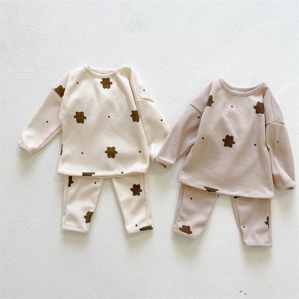 

clothing sets autumn baby boy bear print clothes comfortable waffle cotton long sleeve sweatshirt set toddler girls harem pants suit, White