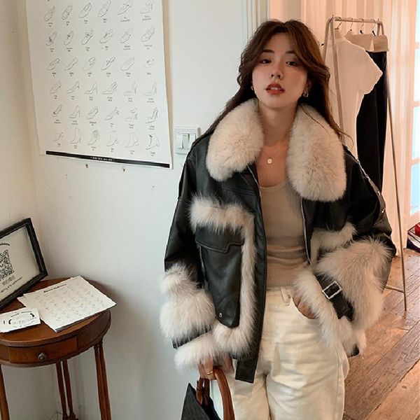 

women's fur & faux luxury natural collar coats jackets patchwork genuine leather for women female real sheepskin short outwear, Black