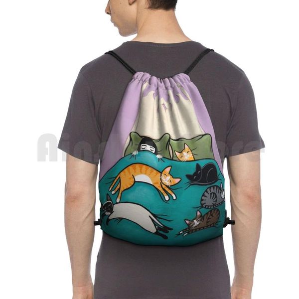 

bed time with cats backpack drawstring bag riding climbing gym original cat folk art whimsical sleep band funny