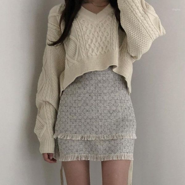 

korea retro knit sweater women fashion casual knitted pullover v neck jumpers lace up women's sweaters, White;black