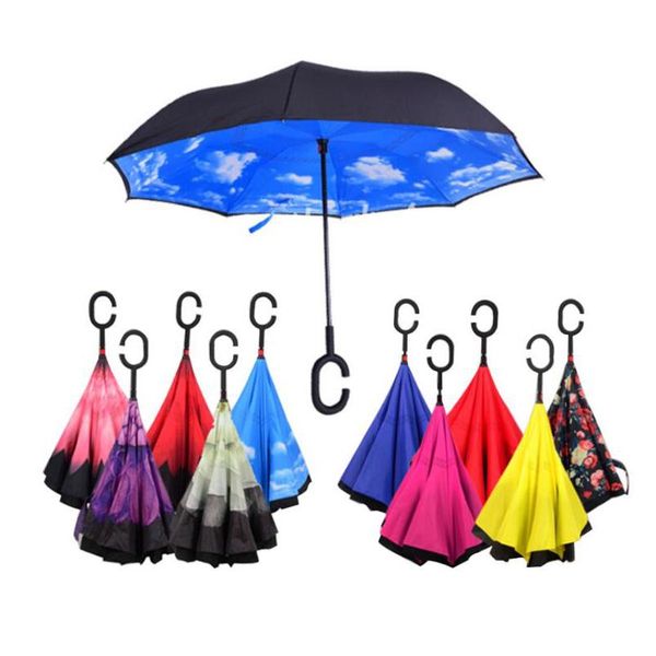 

umbrellas windproof reverse folding double layer inverted chuva umbrella self stand inside out rain protection c-hook hands for car