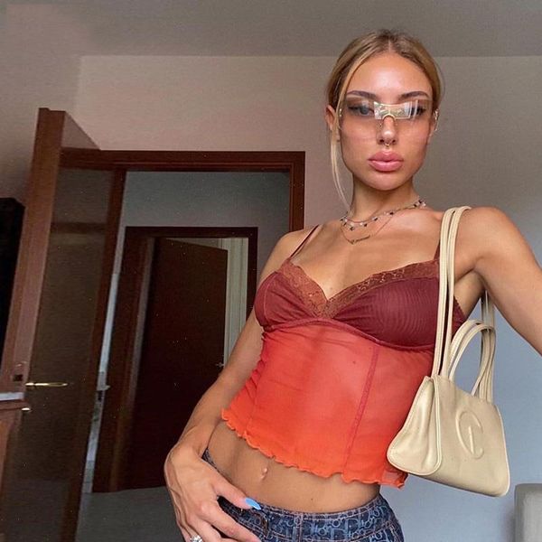 

vintage lace y2k womens tank see through v neck aesthetic crop bodycon sleeveless club soft mesh shirts, White