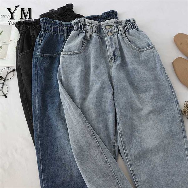 

yuoomuoo soft vintage boyfriend jeans for women elastic waist mom black harajuku long denim pants 211118, Blue