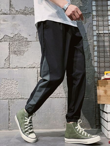 

men slogan graphic contrast panel tapered pants 27oc#, Black