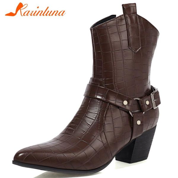 

boots karin plus size 34-48 female 2021 elegant pointed toe thick high heels zip buckle women ankle shoes, Black