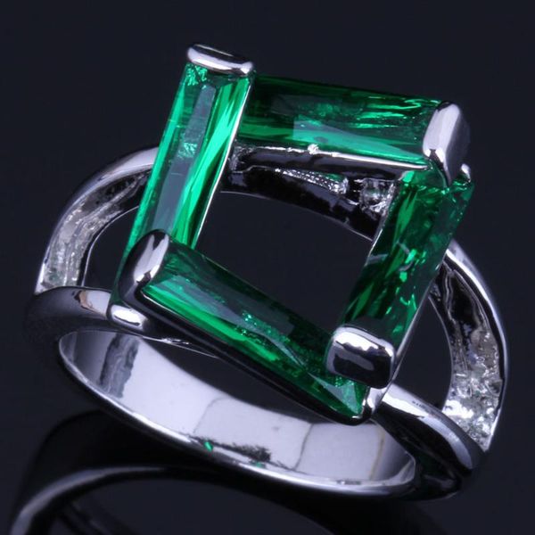 

cluster rings brilliant rectangle green cubic zirconia silver plated ring v0616, Golden;silver