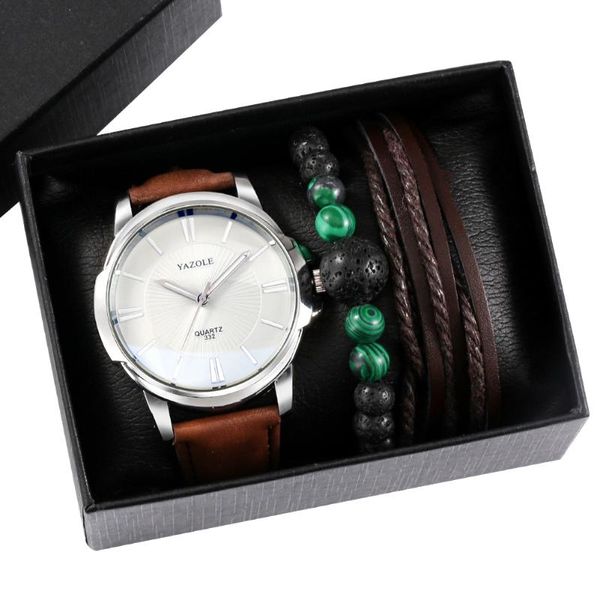 

wristwatches mens bracelet adjustable elastic quartz brown fashion watch leather band man watches hand chain gifts set with box, Slivery;brown