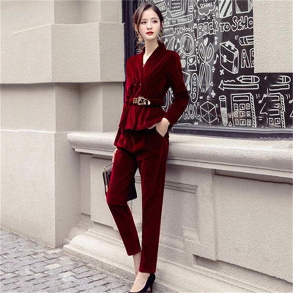 

fashion suit female winter/fall casual double-breasted corduroy business + pants two-piece women women's two piece, White