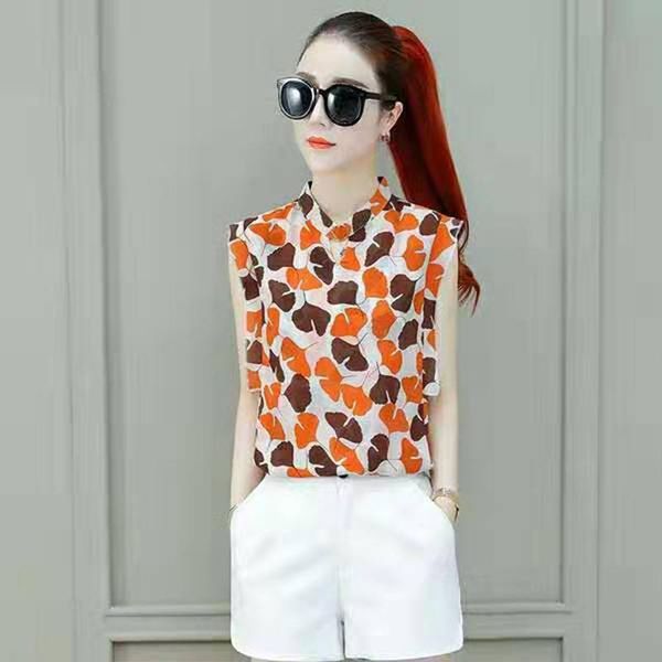 

women's blouses & shirts summer casual sleeveless o-neck printed chiffon elegant fashion dd8265, White