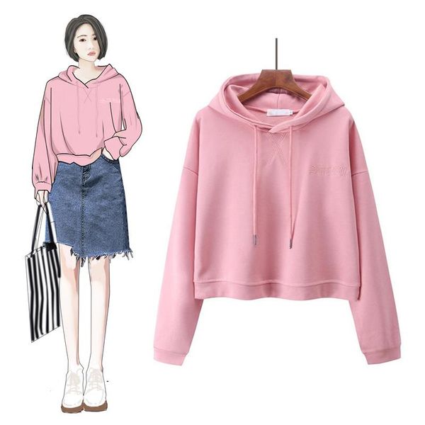 

women's hoodies & sweatshirts 2021 autumn letter embroidered women hooded short sweatshirt female students streetwear loose cropped hoo, Black