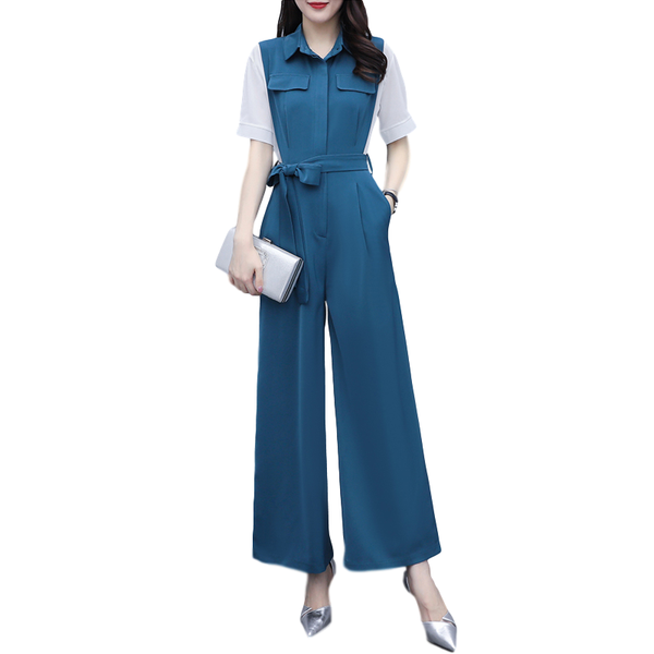 

women's jumpsuits & rompers 2021 summer patchwork wide leg women chiffon fashion elegant casual turn down collar ol pockets romper sash, Black;white