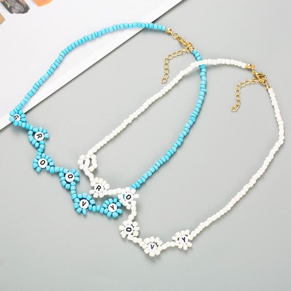 

chokers bohemian handmade bead daisy flower choker necklace wholesale fashion colorful initial letter short collar jewelry gift women, Golden;silver