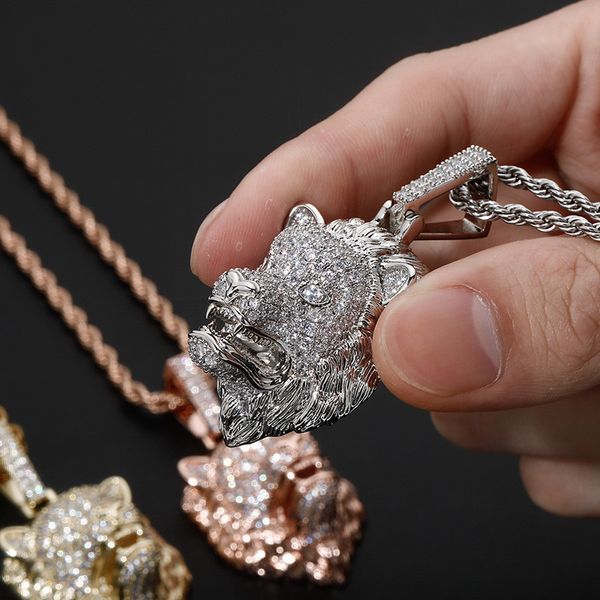 

micro paved cubic zircon vintage lion head necklace gold silver plated mens bling jewelry gift