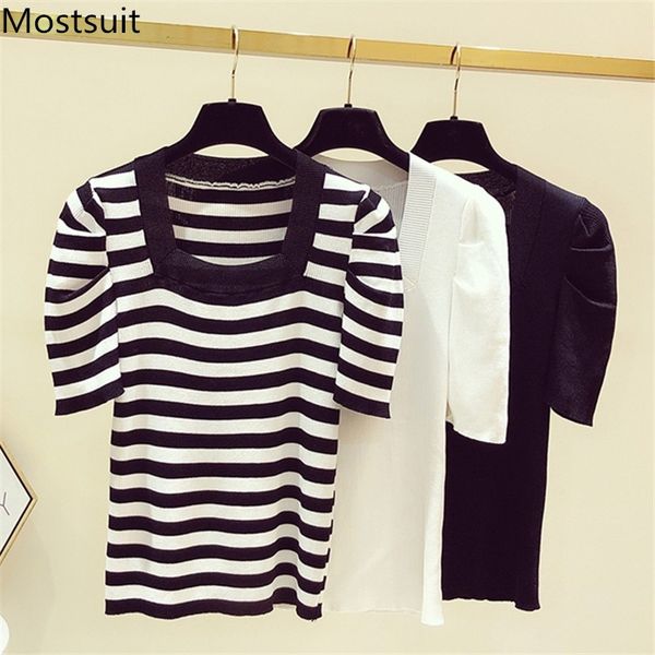 

summer knitted t shirt pullover women short sleeve square collar slim tees korean fashion casual female t-shirt 210514, White