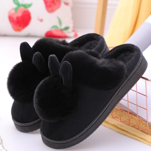 

winter women slippers ear couple shoes short plush warm ladies casual non-slip soft house slipper indoor bedroom, Black