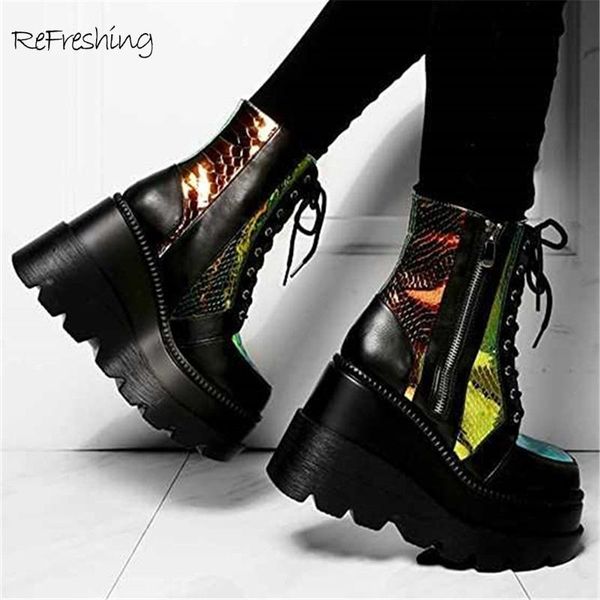 Botas punk mulheres tornozelo super alto salto alto lace up plataforma sapatos moda cor misturada outono inverno lado zíper senhoras