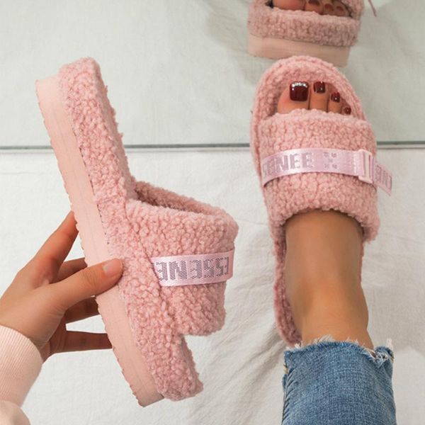 

trend design winter women cozy fur slippers platform low flat heel fluffy furry slides indoor house non slip shoes ladies female, Black