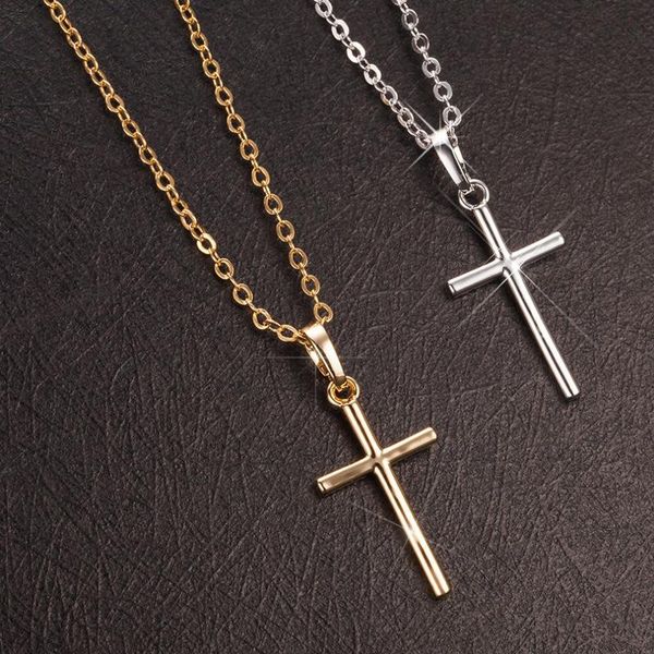 

pendant necklaces simple fashion cross necklace women's men's luxury gold color jewelry christian decorative gift, Silver