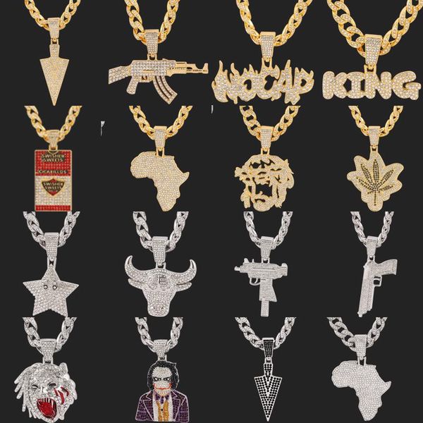 

pendant necklaces hip hop rhinestone arrow submachine gun game machine handle bull head jesus clown king africa map miami cuban chain neckla, Silver