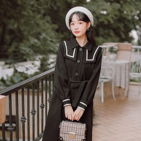 

casual dresses vintage hepburn woolen dress women long sleeve turn-down collar single breasted autumn winter with belt female robe s224, Black;gray
