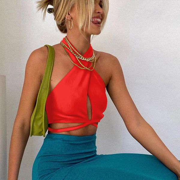 

women's tanks & camis orange bandage halter crop for women sleeveless backless club party chic wrap cropped slim streetwear tank ve, White