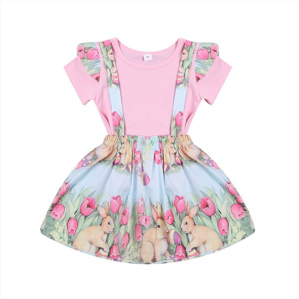 

infant kids baby girl 2pcs easter outfit set children crew neck short sleeve bunny straps skirt suit toddlers 1, White