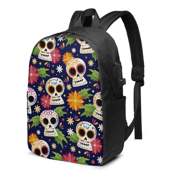 

backpack teenage for school boy girl dia de muertos skull bag usb charging bookbag