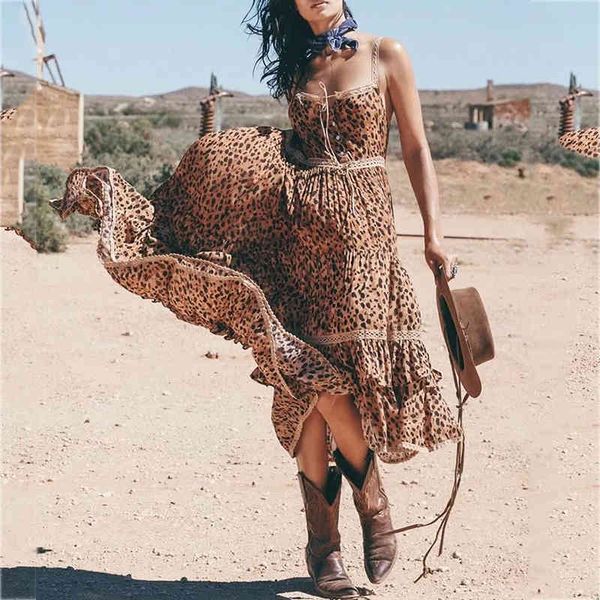 

leopard print sundress women hollow out beach maxi dress sleeveless casual lace up backless 210415, Black;gray