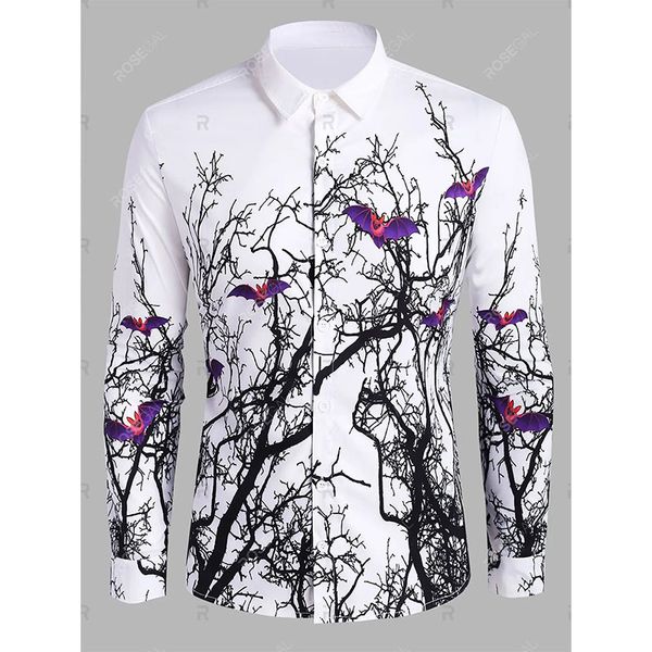 

halloween men's tree bat print button shirt, White;black