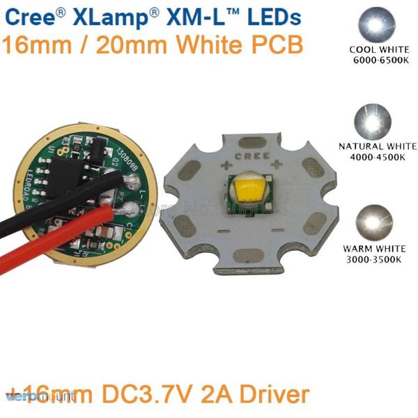 

bulbs cree xml xm-l t6 cool white 6500k neutral 4500k warm 3000k led emitter 16mm/ 20mm pcb+ dc3.7v 2a 16mm driver