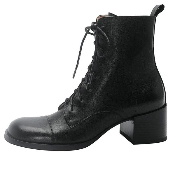 

boots lace up ladies genuine leather shoes for women high heels girls classic design working party ankle, Black