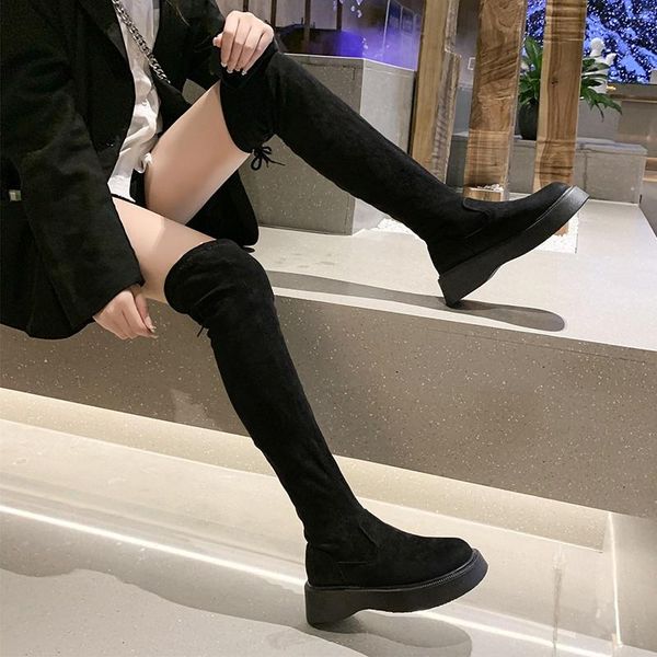 

boots 2021 winter chunky heels over the knee women black long gothic platform sock shoes ladies warm fur thigh high