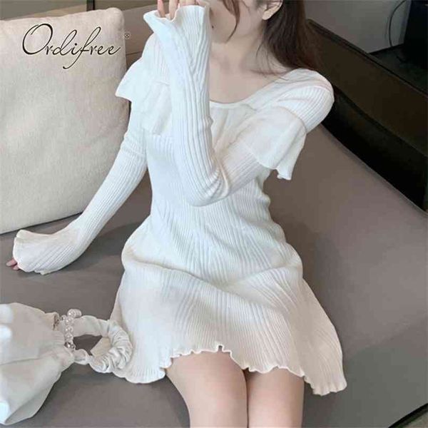 

autumn women ruffle mini dress long sleeve white knitted sweater 210513, Black;gray