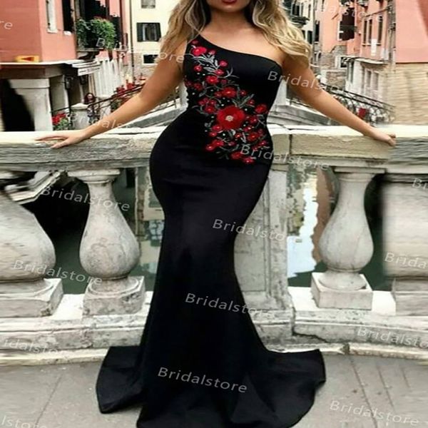

embroidery black evening dress 2021 elegant one shoulder long mermaid prom dresses slim satin african formal women party gowns robes de soir, Black;red