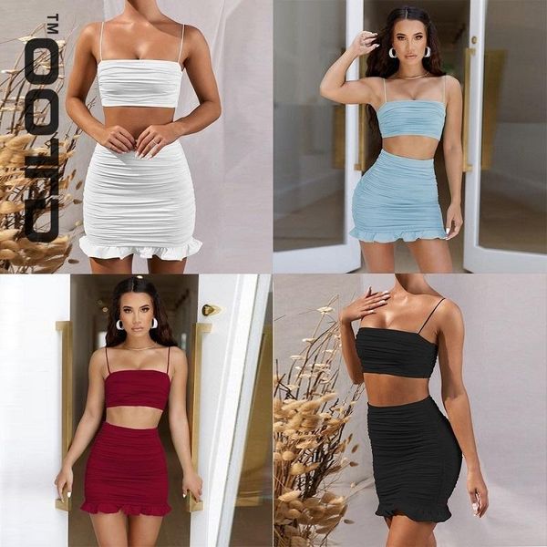 

camisoles & tanks ootd women bodycon 2 piece dress set ruffles spaghetti strap crop summer mini skirts suits fashion solid outfits, Black;white