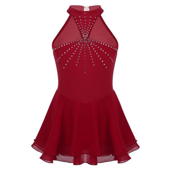 

girl's dresses kids girls ballet dance leotard dress sleeveless halter sparkly rhinestone mesh splice figure ice skating for performanc, Red;yellow