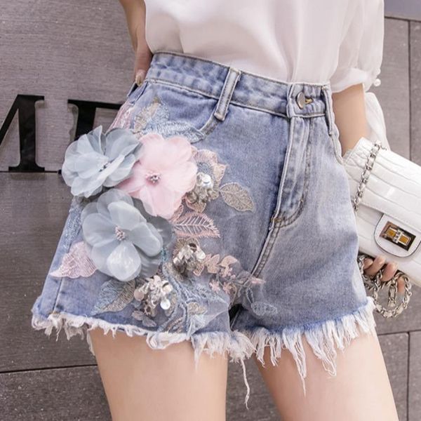 

women's jeans summer pants 3d flowers design short irregular edge preppy style tassels straight type high waisted, Blue