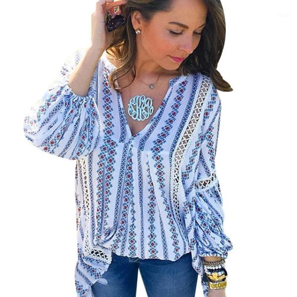 

women's blouses & shirts 2021 summer ladies boho long sleeve womens floral blouse femme deep v neck striped hollow out vintage tun1, White