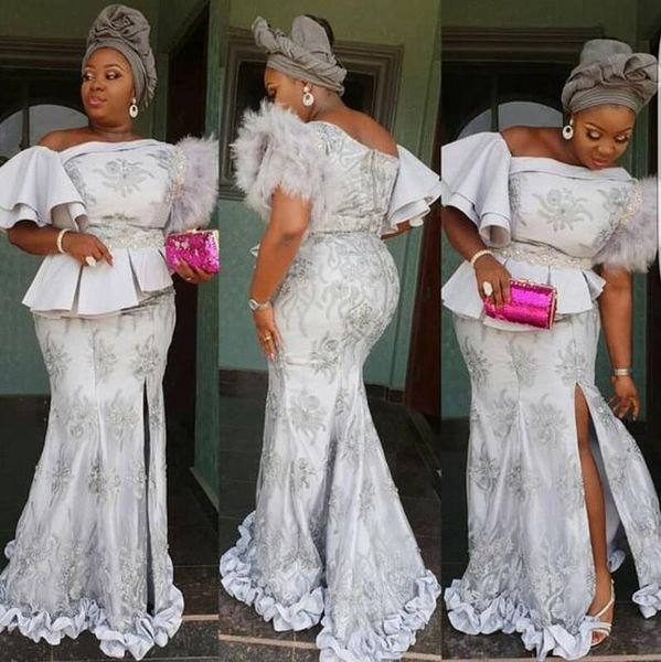 

2022 aso ebi dubai plus size evening dresses with feathers peplum lace appliques mermaid prom gowns ruffles appliques robes de soiree, Black