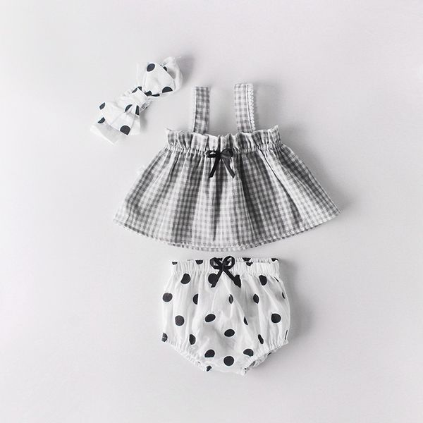 

clothing sets wholesale summer baby girl plaid +polka dot shorts+headband 3pcs kids 0-2t e86011 9ic8, White