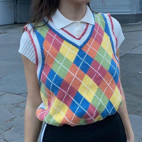 

women's sweaters simple preppy argyle sweater vest 2021 women winter autumn rhombus knitted v-neck contrast color pullover pull femme, White;black