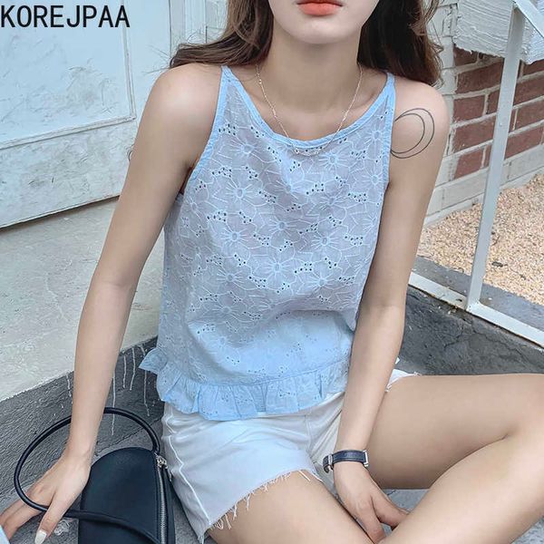 Korejpaa mulheres tanque verão coreano chique gentil leite macio azul redondo pescoço vazio crochet design solto versátil camisole 210526
