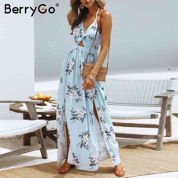 

berrygo bohenmian dresses floral print chiffon women long halter v-neck vintage summer boho split beach 210513, Black;gray