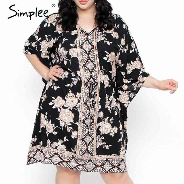 Boho Floral Print Plus Размер Женщины Лето Длинные Рукава V Вырезы Короткое платье Кимоно Праздник Повседневная Свободные пляжные Vestidos 210414