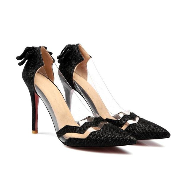 

dress shoes designer pointed toe transparent slip-on clear high heels with bling glitter iron 10cm heel women, Black