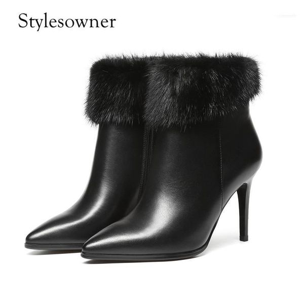 

boots stylesowner luxury style 2021 black woman with real fur thin heels pointed toe autumn winter boots11