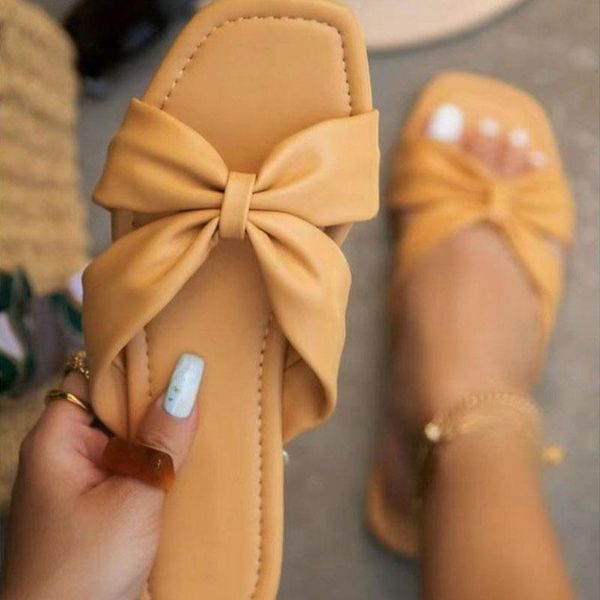 

slippers women square toe 2021 summer woman knot bowtie slides ladies flats female casual footwear women's beach shoes plus size, Black
